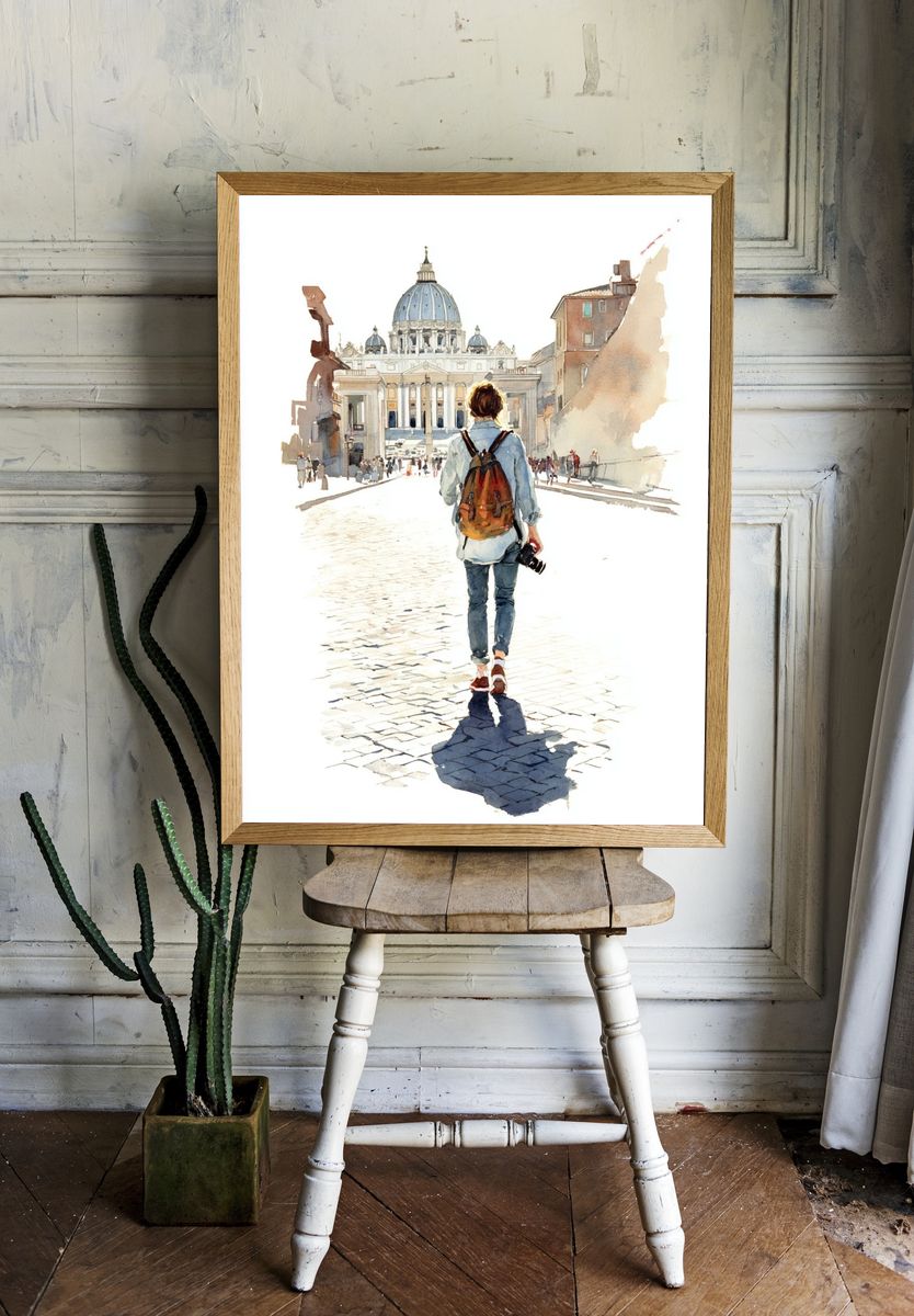 Traveler at St. Peter's Basilica Watercolor Print. — room view 1