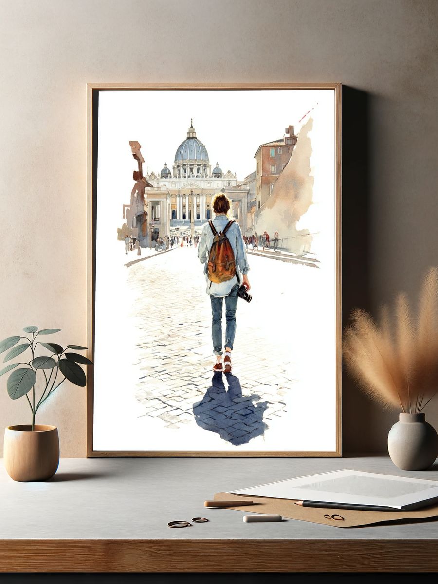 Traveler at St. Peter's Basilica Watercolor Print. — room view 2