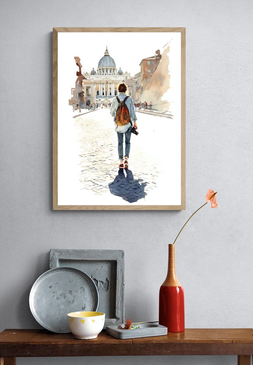 Traveler at St. Peter's Basilica Watercolor Print. — room view 3