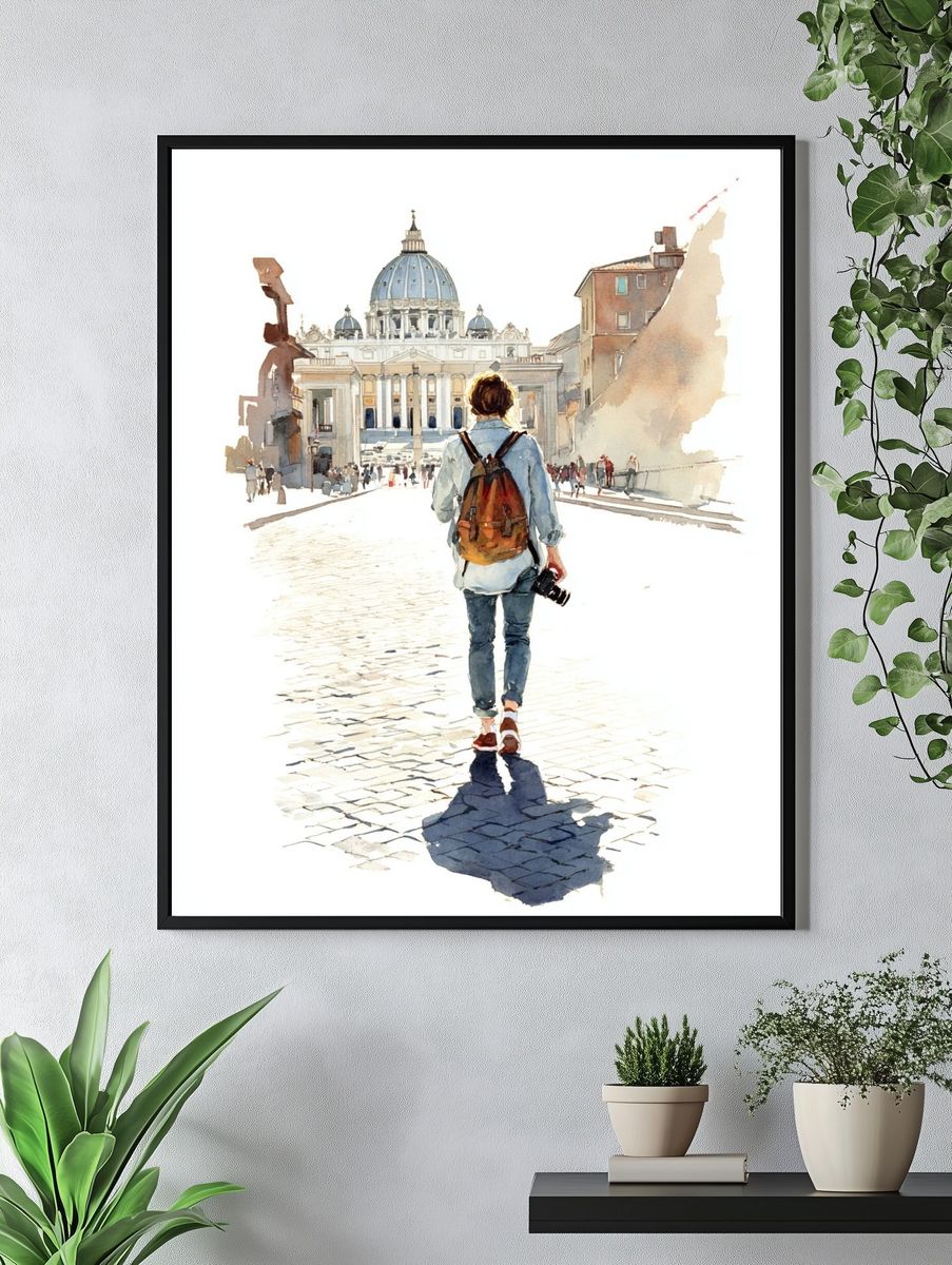 Traveler at St. Peter's Basilica Watercolor Print. — room view 4