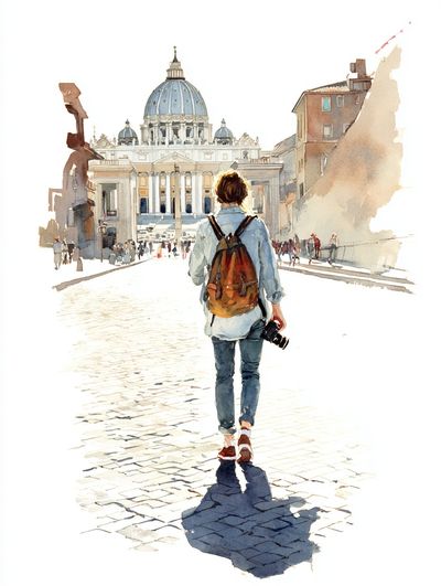 Traveler at St. Peter's Basilica Watercolor Print.