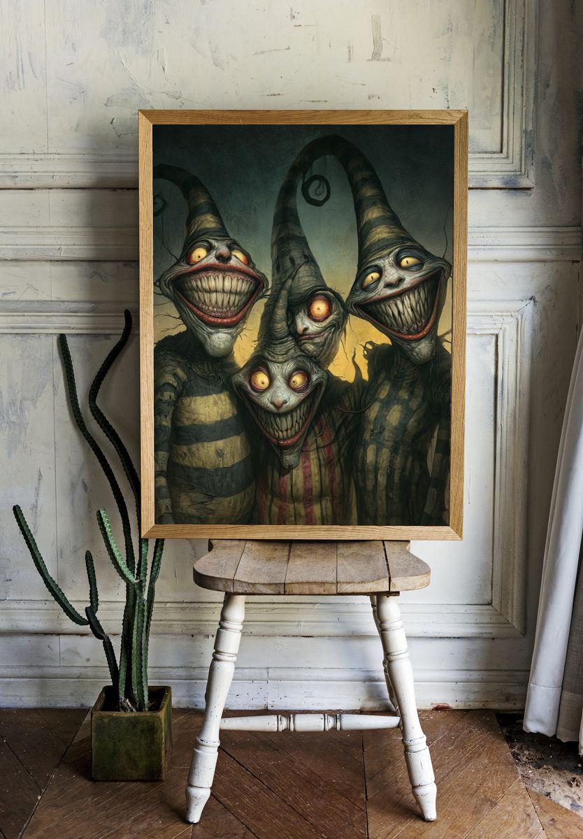 Creepy Grinning Clowns Illustration Poster. — room view 1