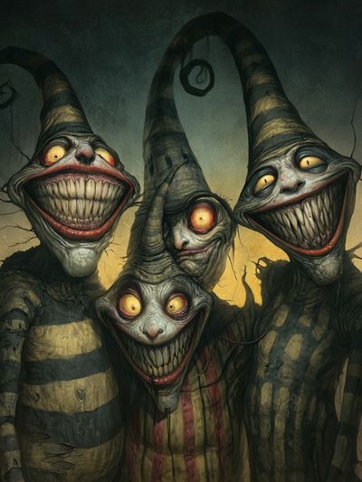 Creepy Grinning Clowns Illustration Poster.