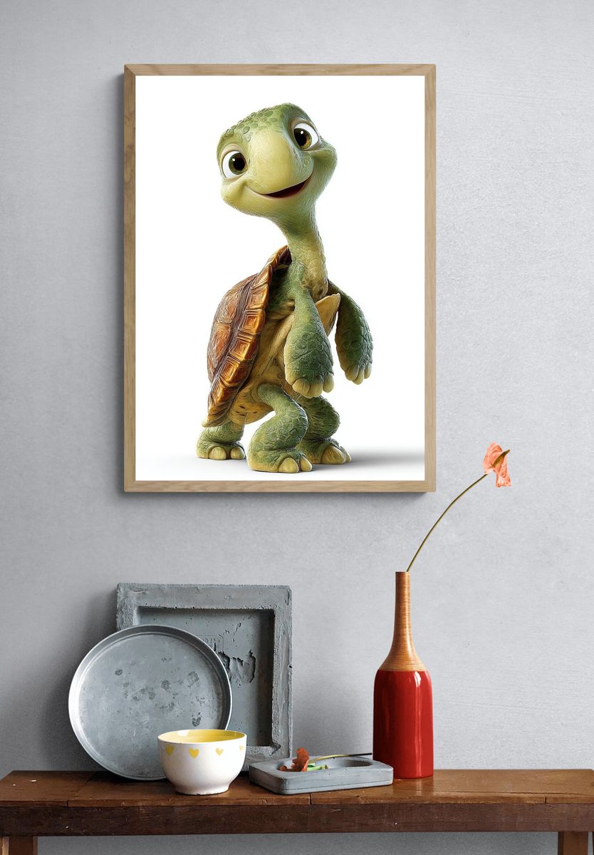 Smiling Turtle Character Illustration Poster. — room view 3