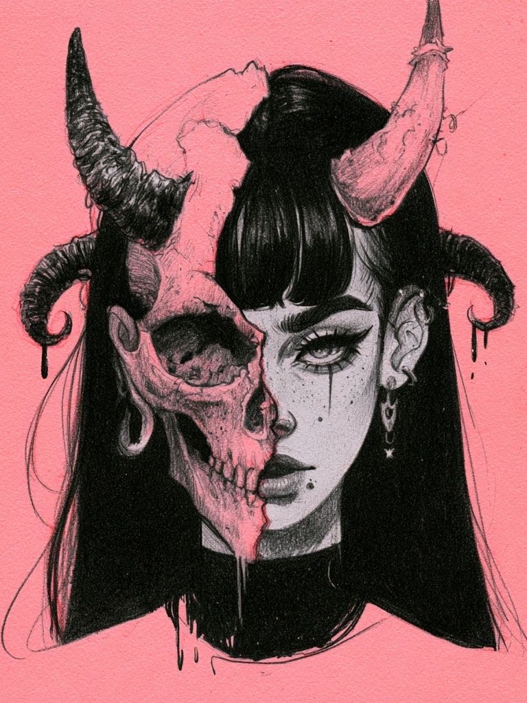 Gothic Horned Portrait Print. poster — illustration art