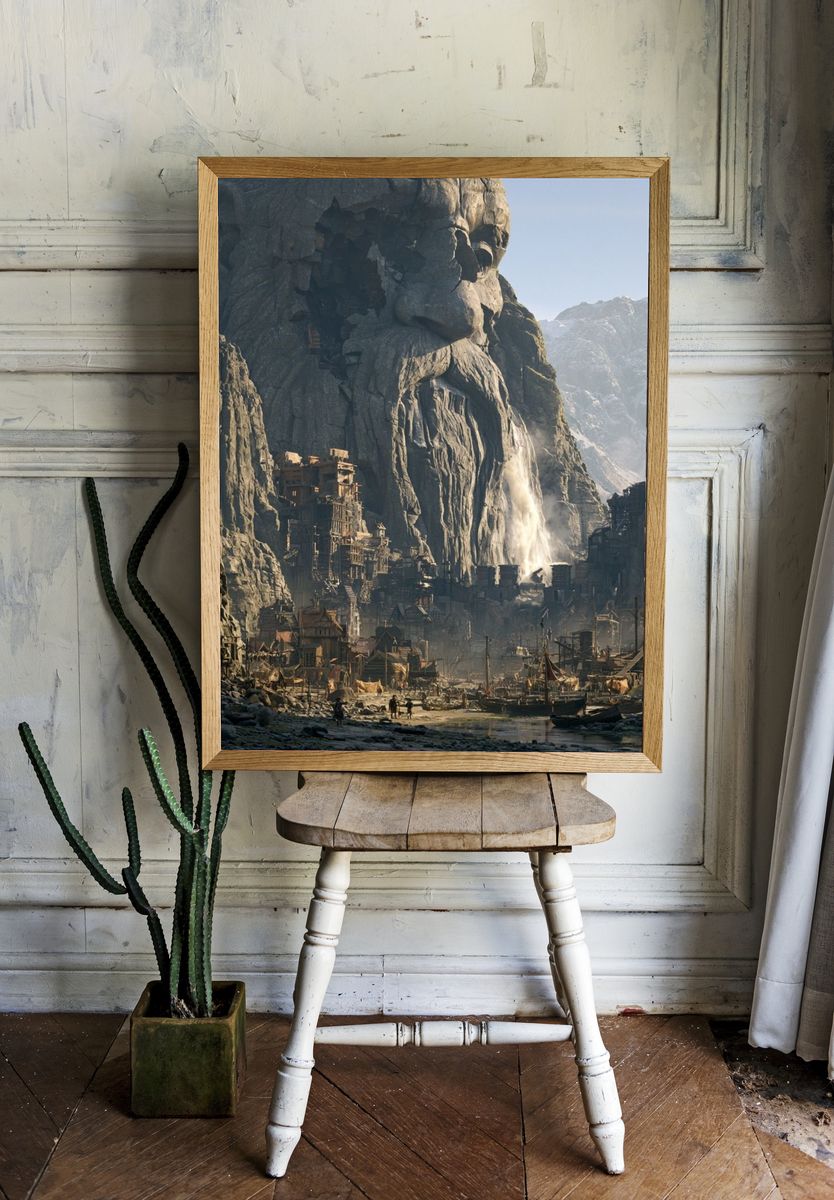 Mountain Cliff Village Fantasy Print. — room view 1