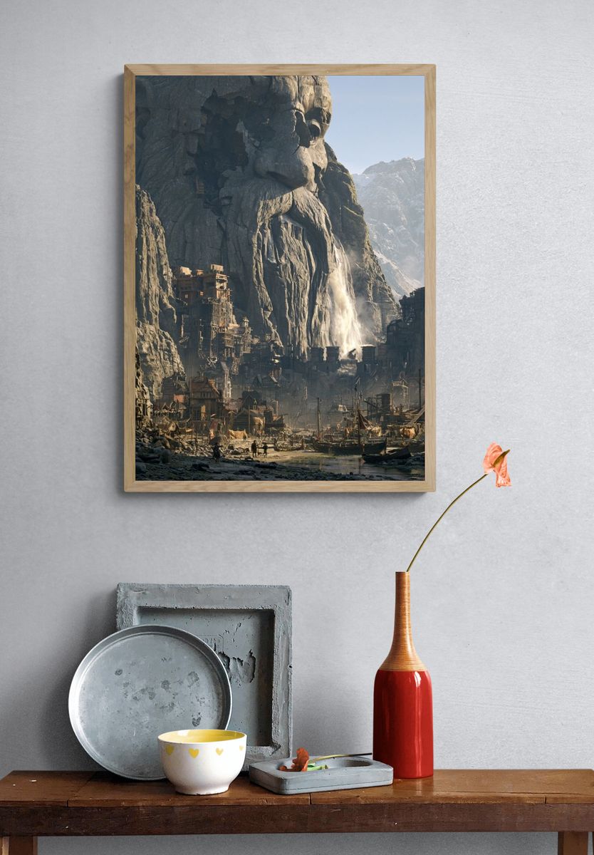Mountain Cliff Village Fantasy Print. — room view 3
