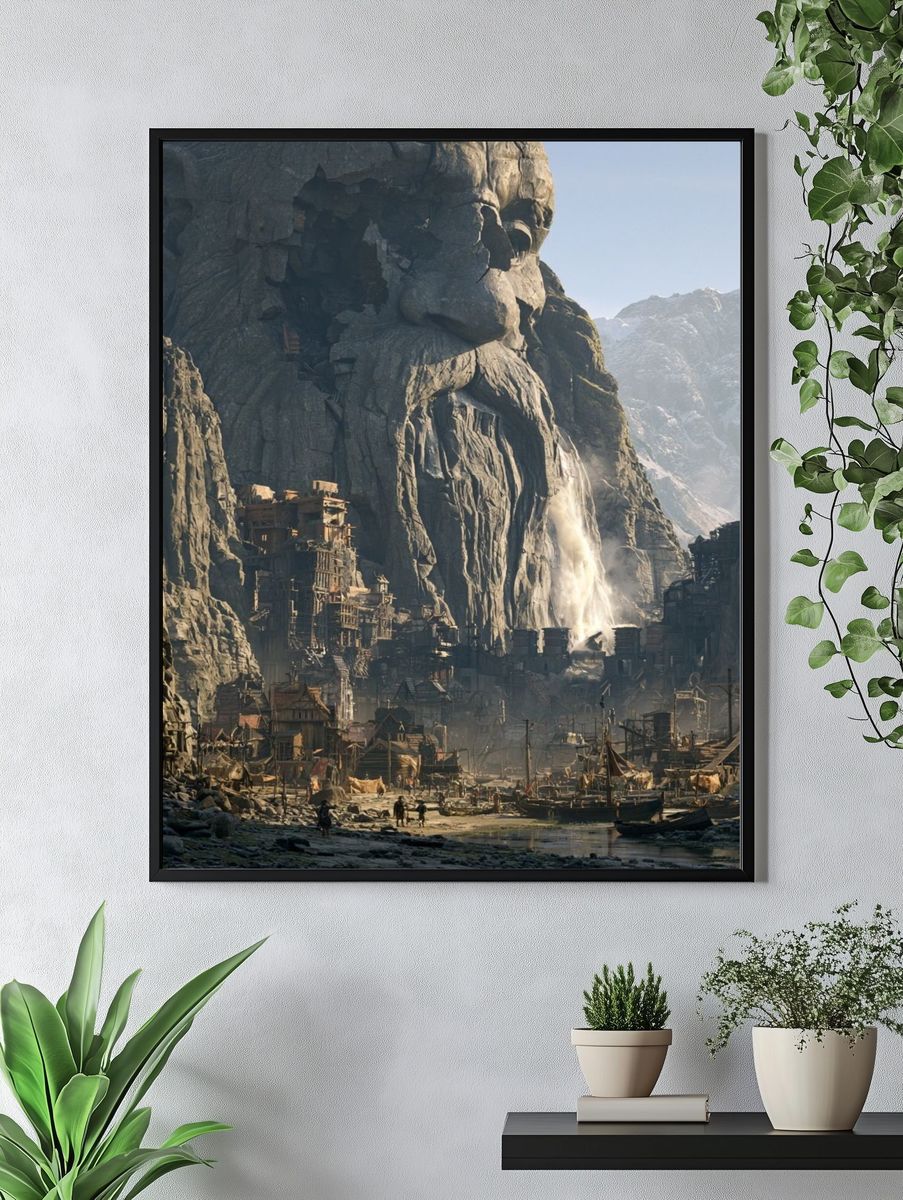 Mountain Cliff Village Fantasy Print. — room view 4