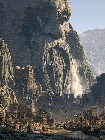 Mountain Cliff Village Fantasy Print. poster