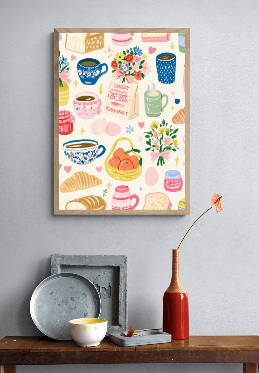 Pastel Breakfast Pattern Illustration Poster. — room view 3