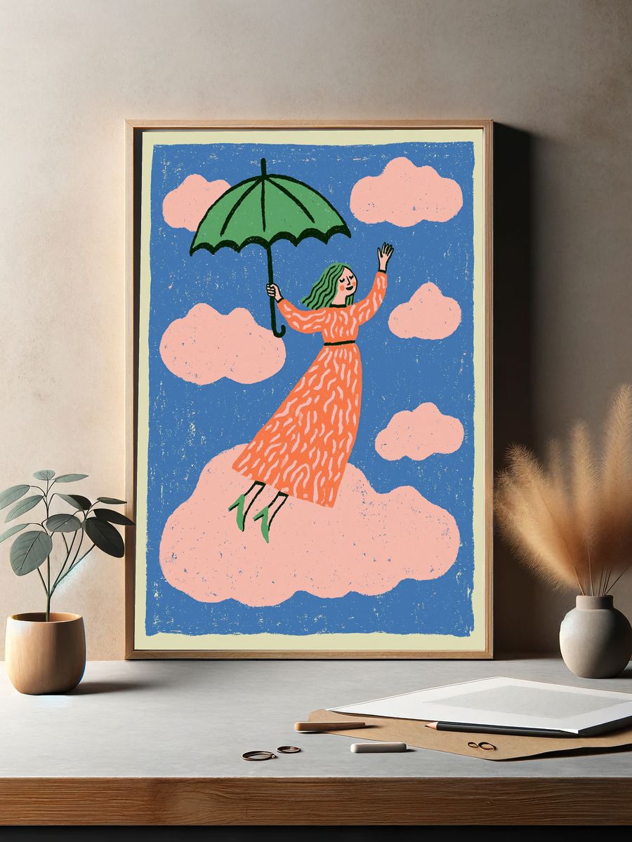 Girl with Umbrella Illustration Poster. — room view 2