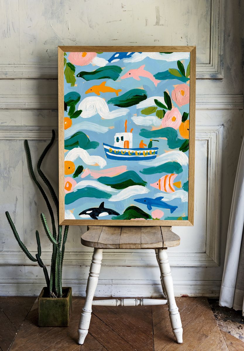 Whimsical Ocean Life Illustration Poster. — room view 1