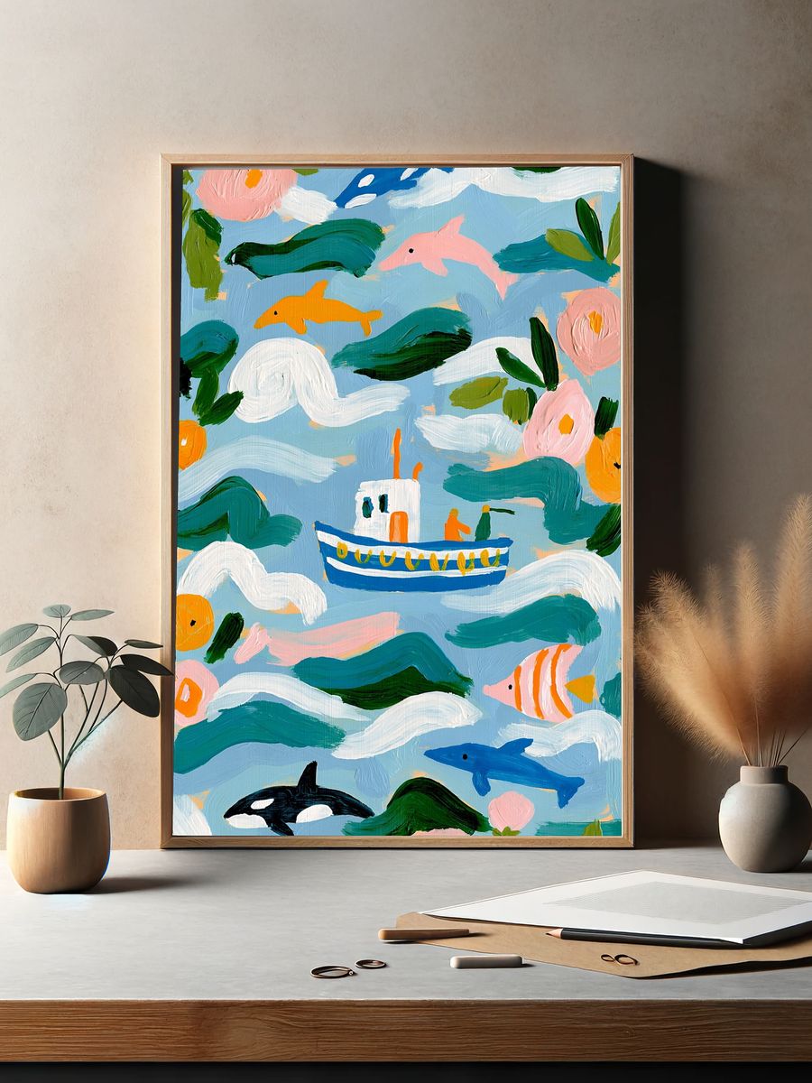 Whimsical Ocean Life Illustration Poster. — room view 2