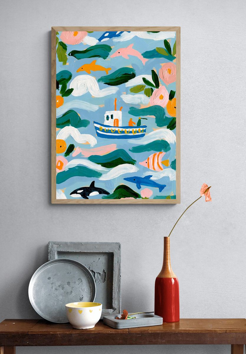 Whimsical Ocean Life Illustration Poster. — room view 3