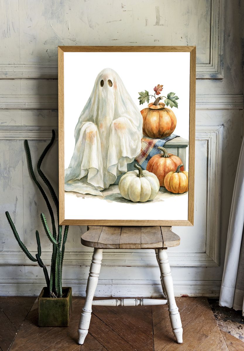 Ghost and Pumpkins Watercolor Poster. — room view 1