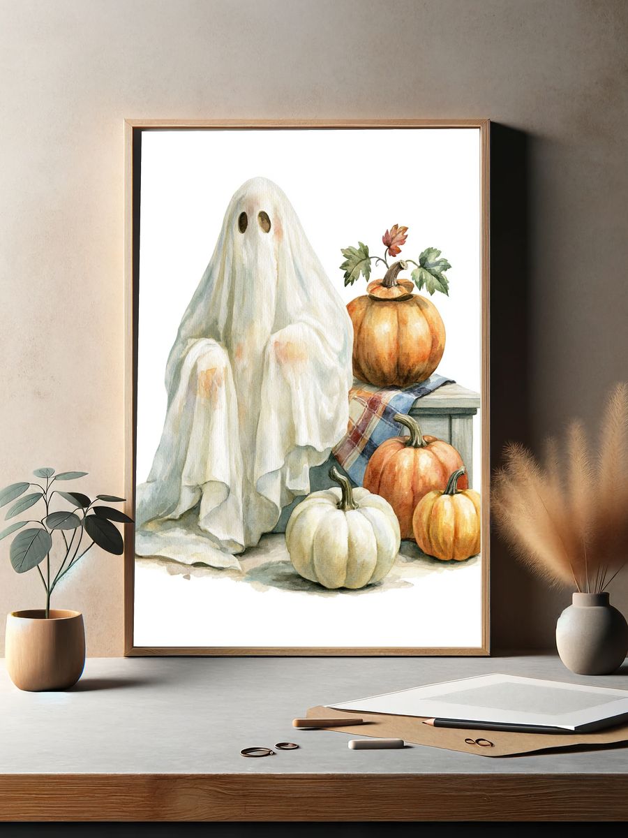 Ghost and Pumpkins Watercolor Poster. — room view 2