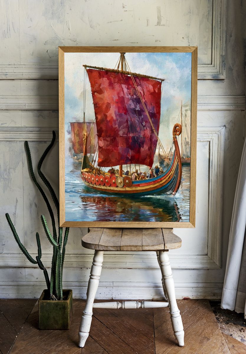 Viking Longship Harbor Watercolor Poster. room preview
