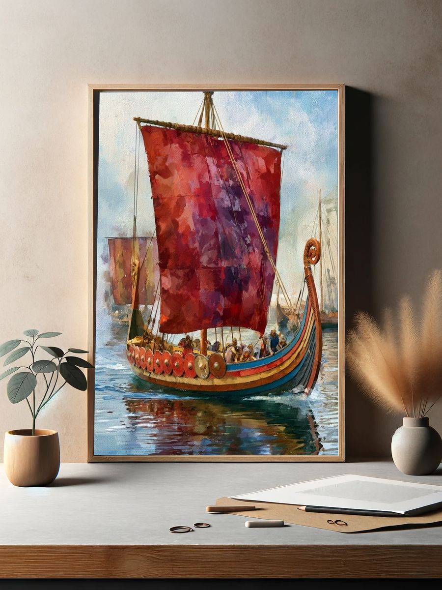 Viking Longship Harbor Watercolor Poster. — room view 2