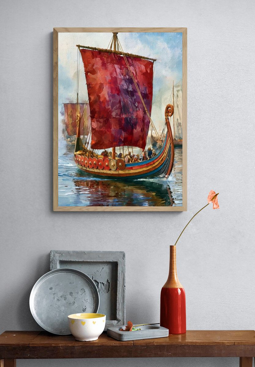 Viking Longship Harbor Watercolor Poster. — room view 3