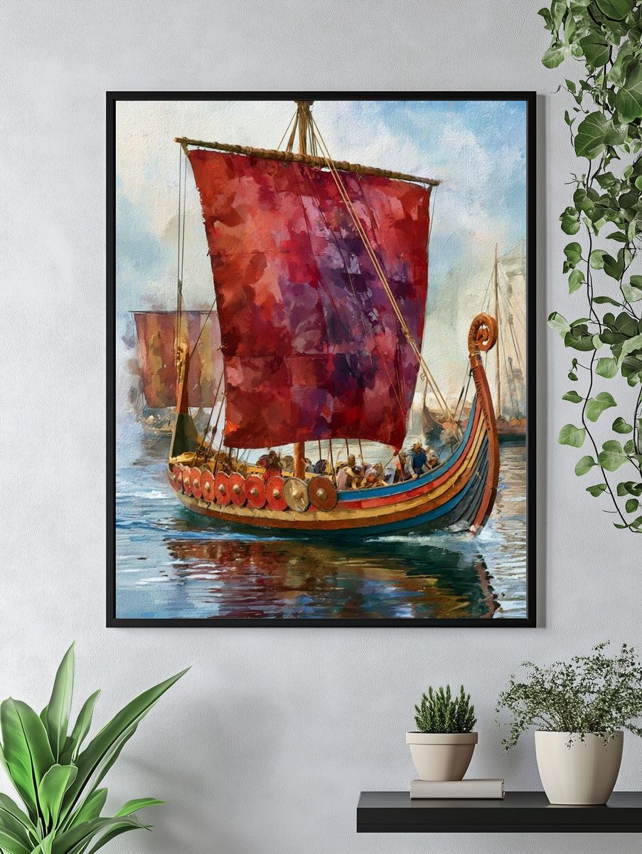 Viking Longship Harbor Watercolor Poster. — room view 4