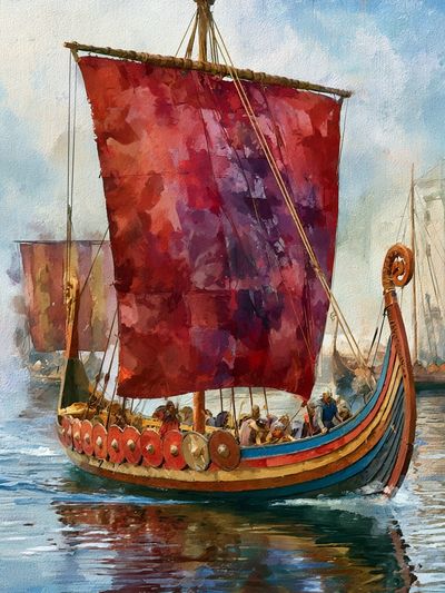 Viking Longship Harbor Watercolor Poster.