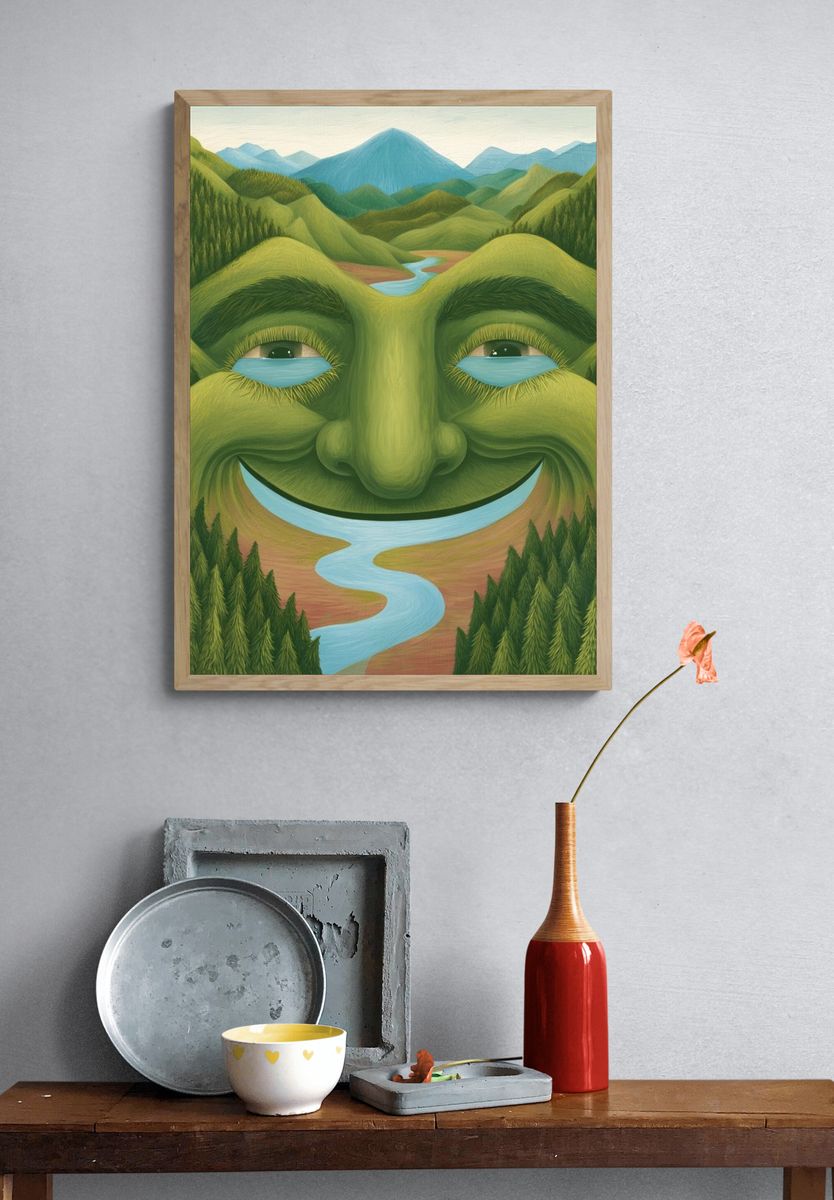 Smiling Mountain Face Illustration Poster. — room view 3