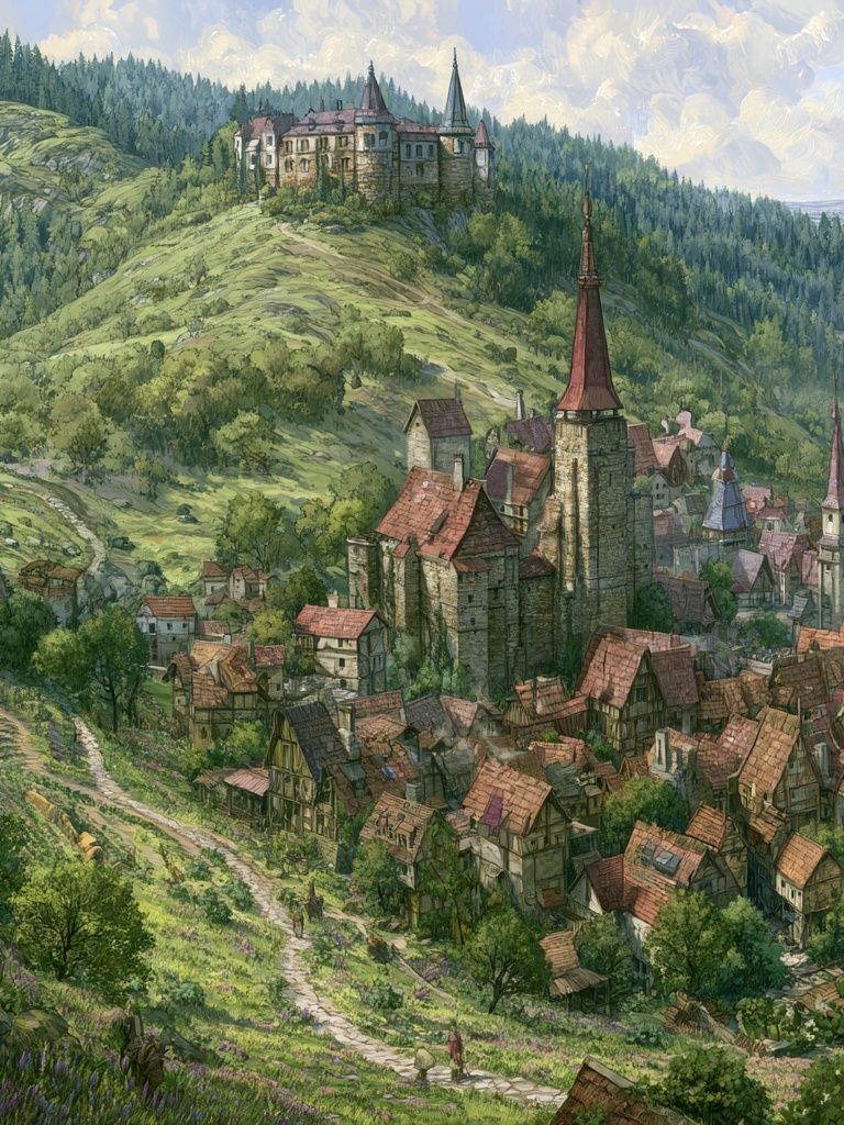 Mountain Village Fantasy Illustration Poster. poster — illustration art