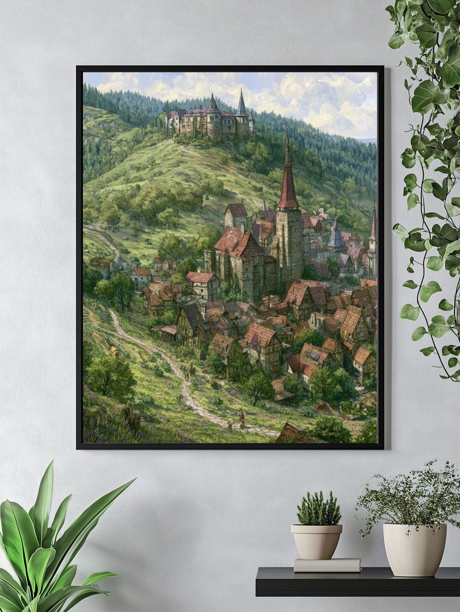 Mountain Village Fantasy Illustration Poster. — room view 4