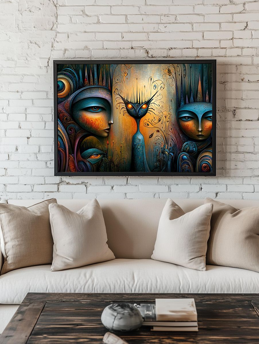Surreal Masked Faces Illustration Poster. room preview