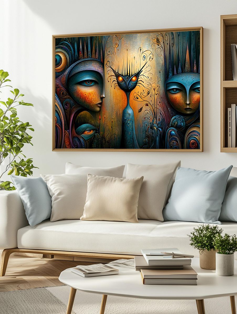 Surreal Masked Faces Illustration Poster. — room view 2