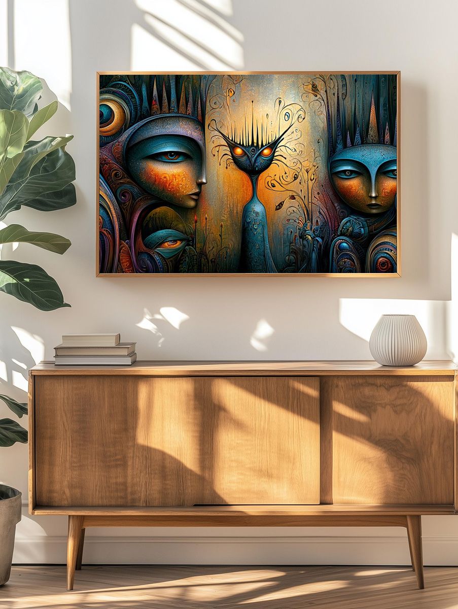 Surreal Masked Faces Illustration Poster. — room view 3