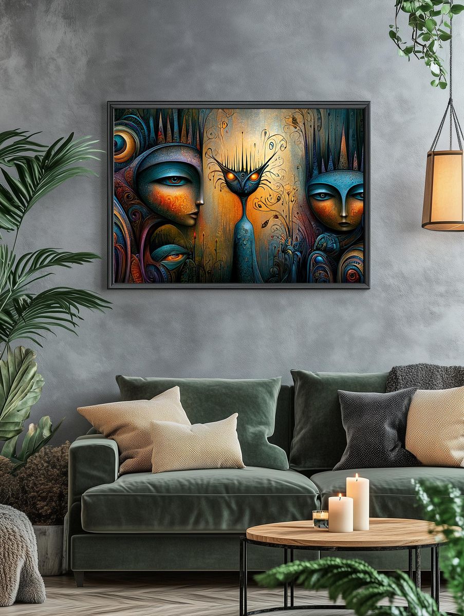Surreal Masked Faces Illustration Poster. — room view 4