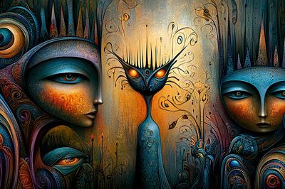 Surreal Masked Faces Illustration Poster.