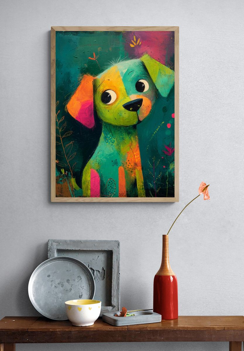 Colorful Puppy Illustration Poster. — room view 3