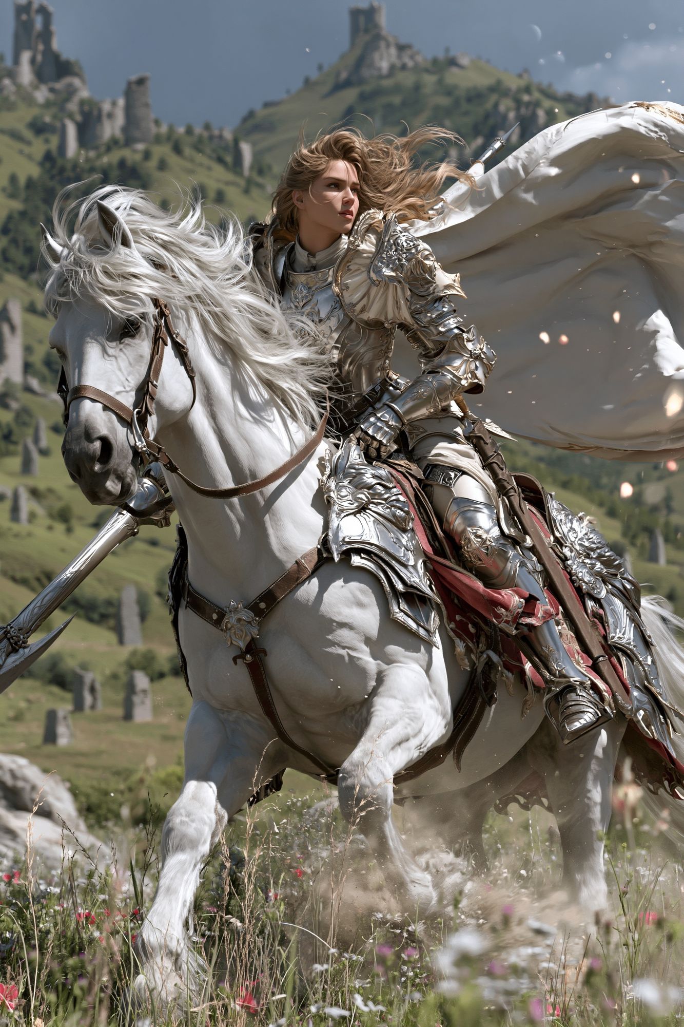 Armored Knight on White Horse Poster. poster detail