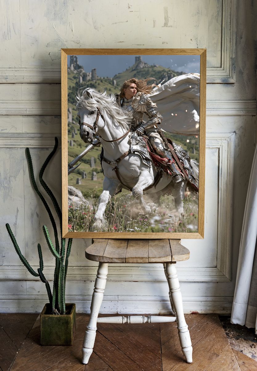 Armored Knight on White Horse Poster. room preview