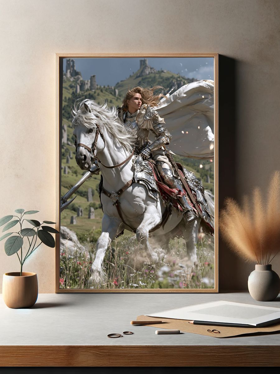 Armored Knight on White Horse Poster. — room view 2