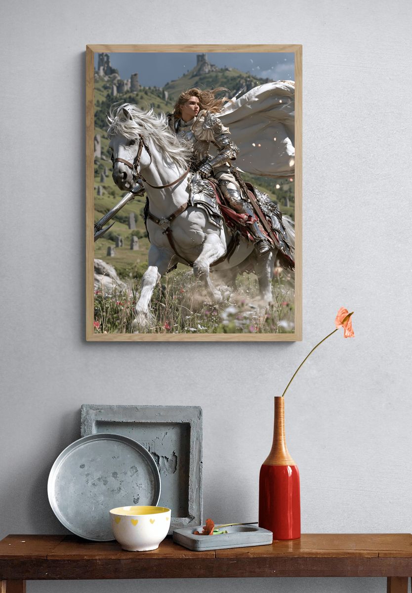 Armored Knight on White Horse Poster. — room view 3