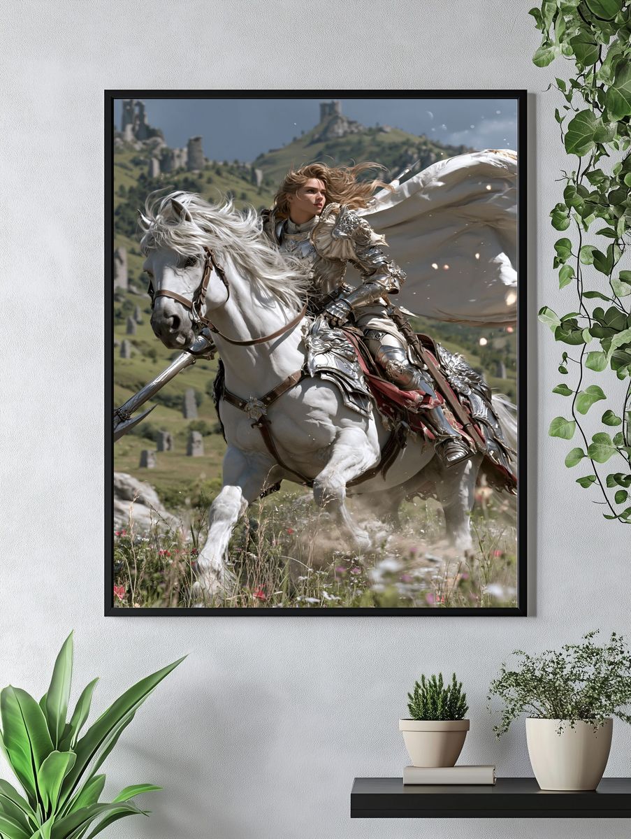 Armored Knight on White Horse Poster. — room view 4