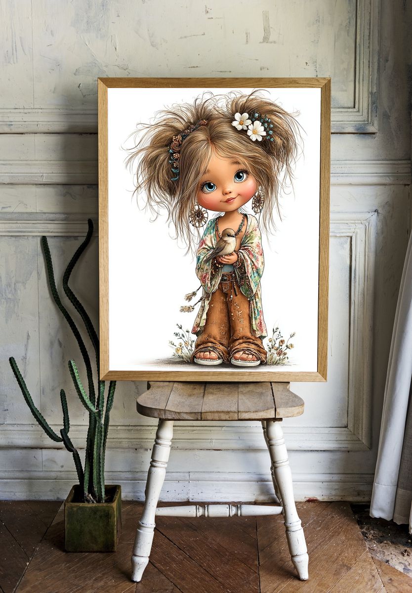 Boho Doll with Bird Illustration Poster. room preview
