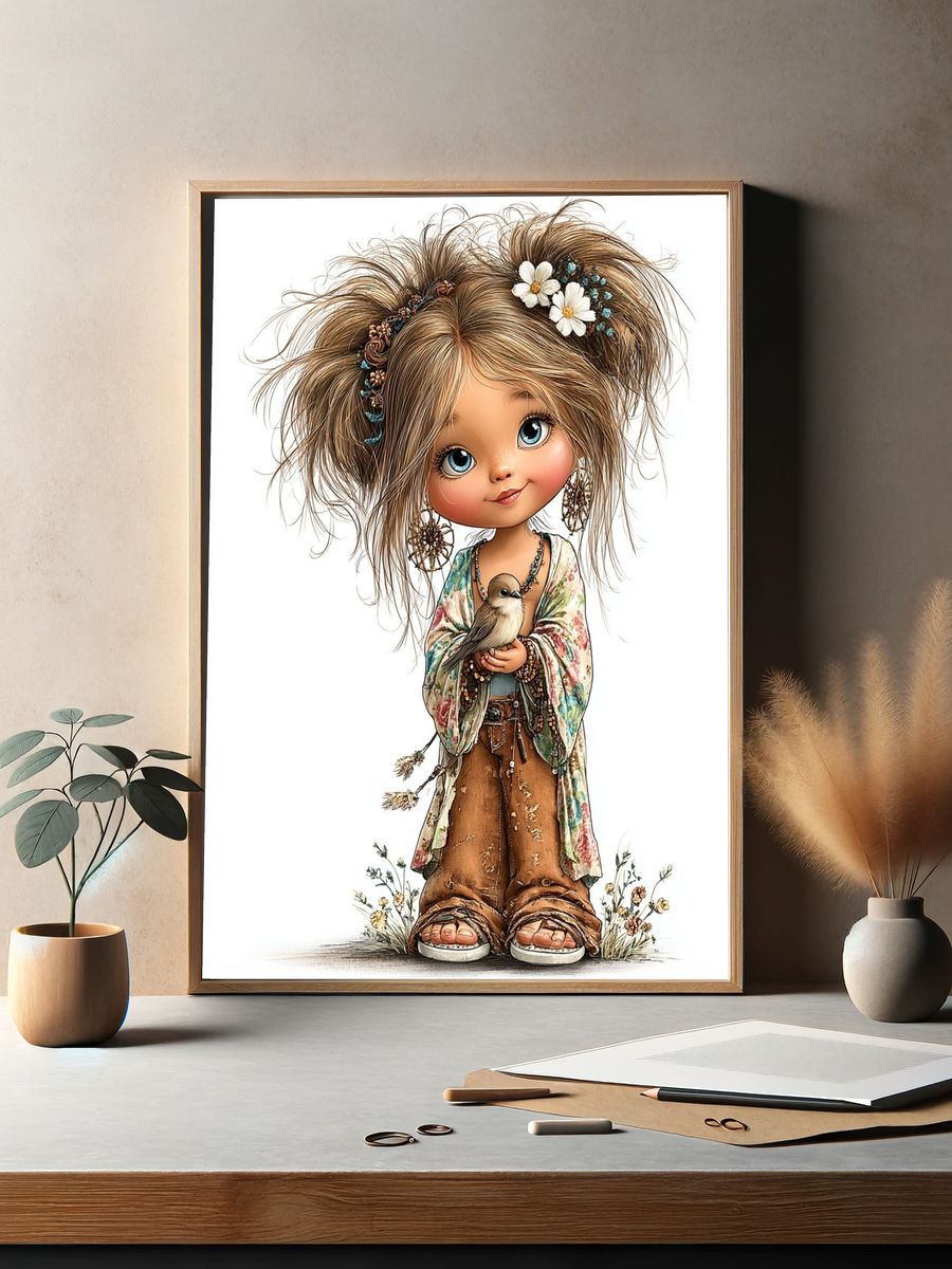Boho Doll with Bird Illustration Poster. — room view 2