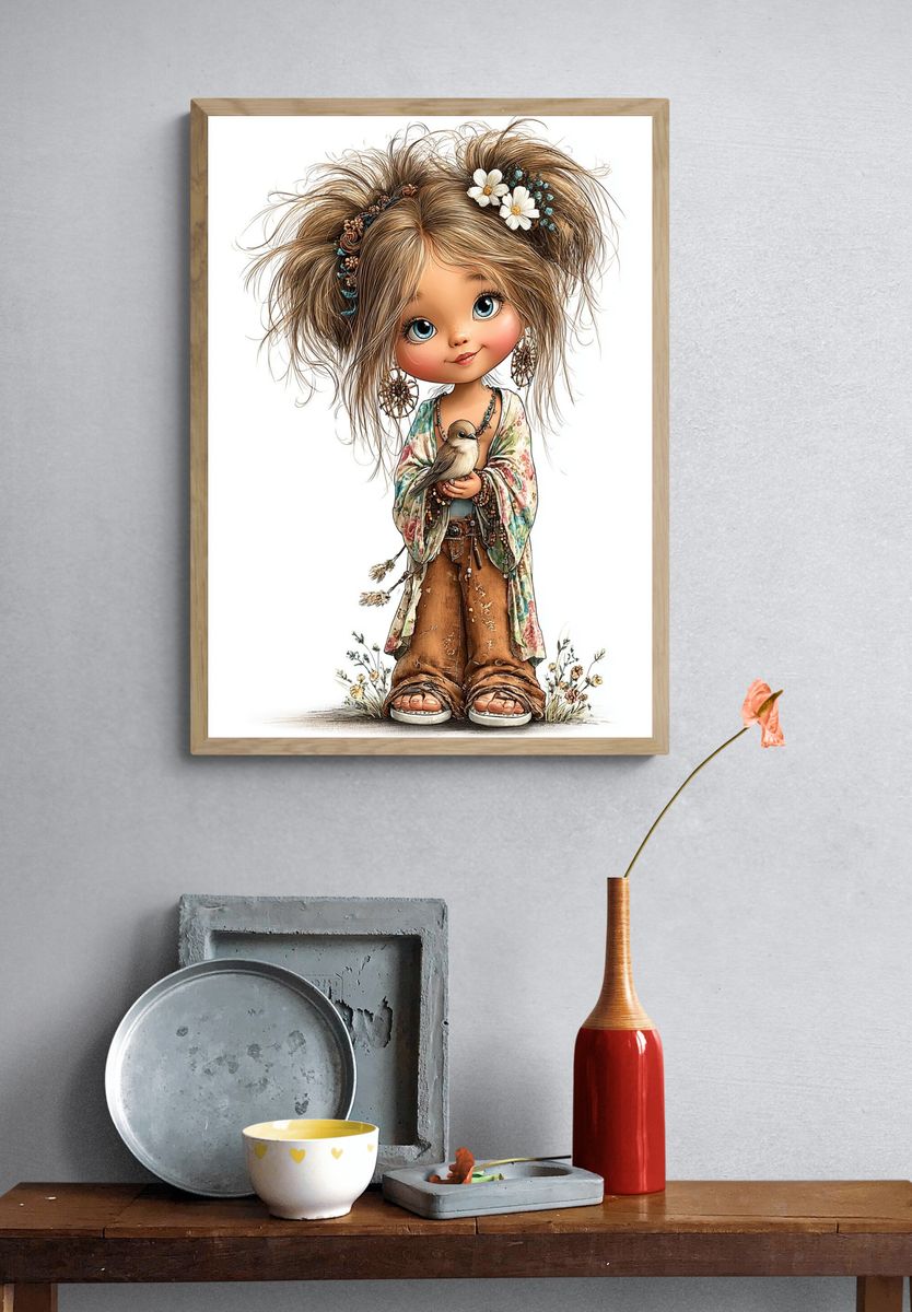 Boho Doll with Bird Illustration Poster. — room view 3