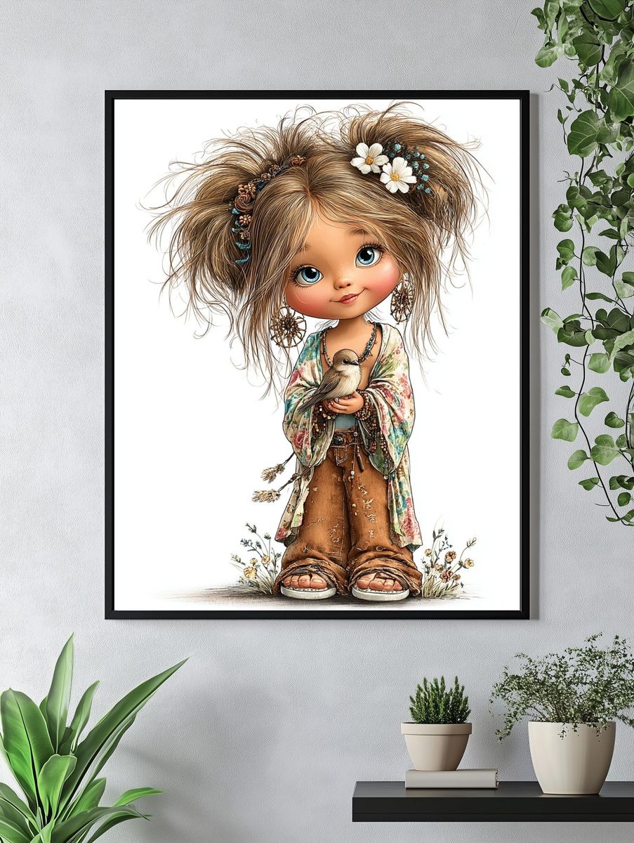 Boho Doll with Bird Illustration Poster. — room view 4