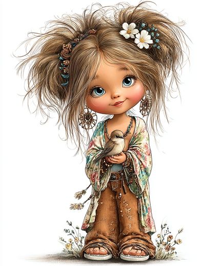 Boho Doll with Bird Illustration Poster. poster