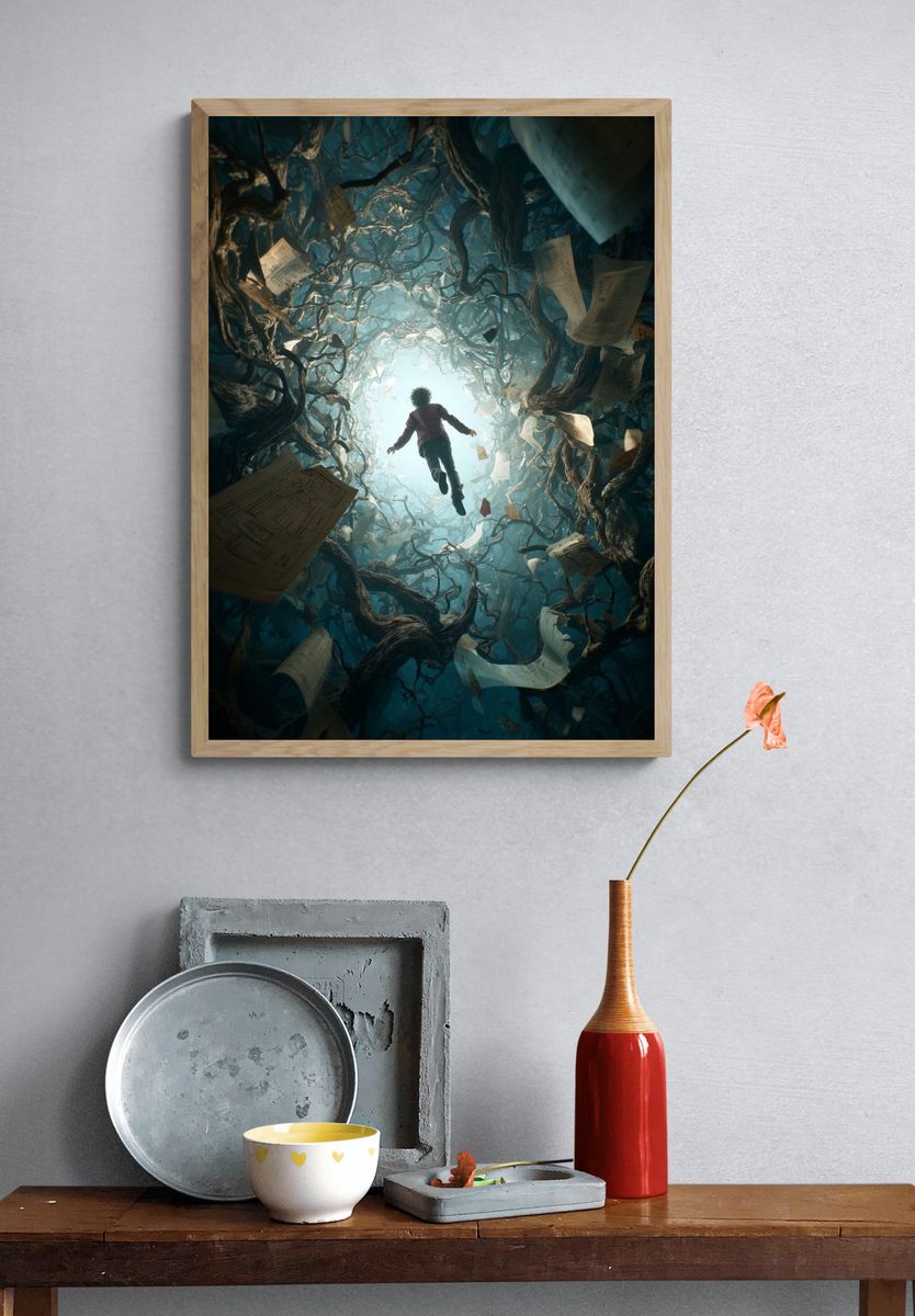Floating Through the Forest of Papers Print. — room view 3