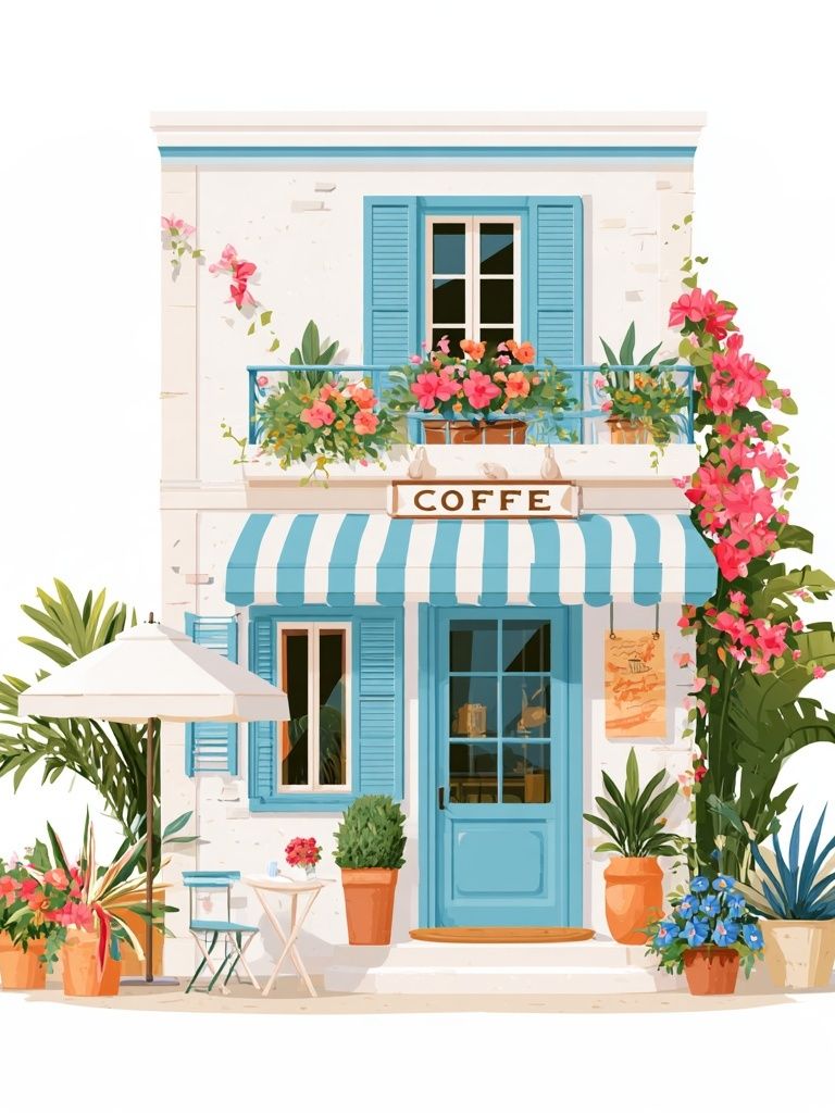 Mediterranean Cafe Facade Illustration Poster. poster — illustration art