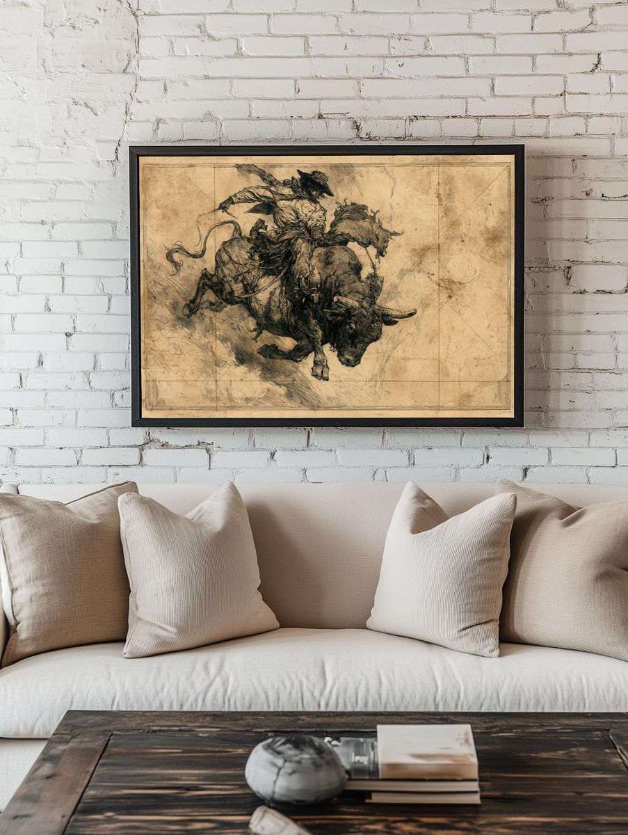 Cowboy Bull Ride Illustration Poster. room preview