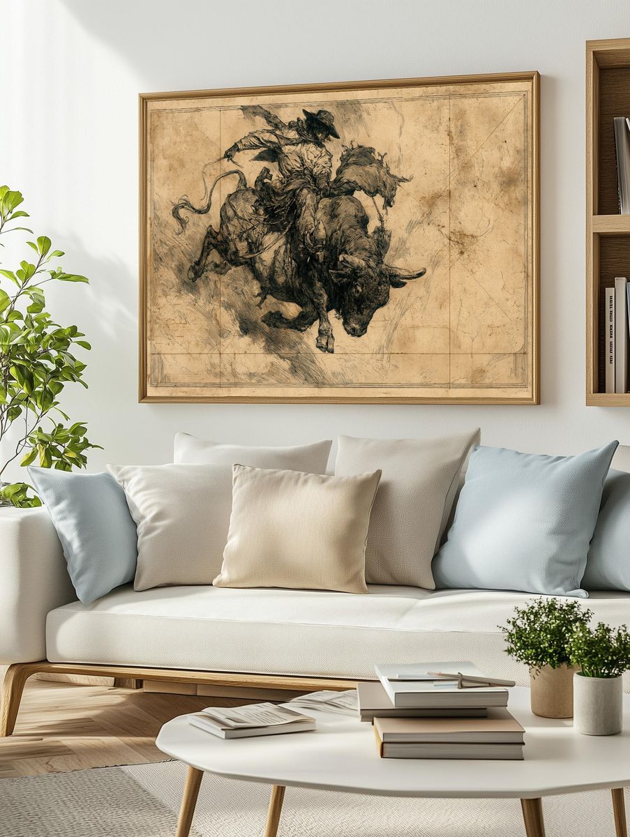 Cowboy Bull Ride Illustration Poster. — room view 2