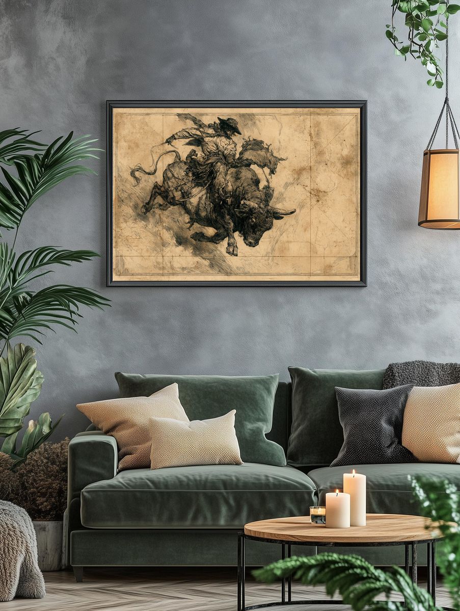 Cowboy Bull Ride Illustration Poster. — room view 4