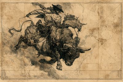 Cowboy Bull Ride Illustration Poster. poster